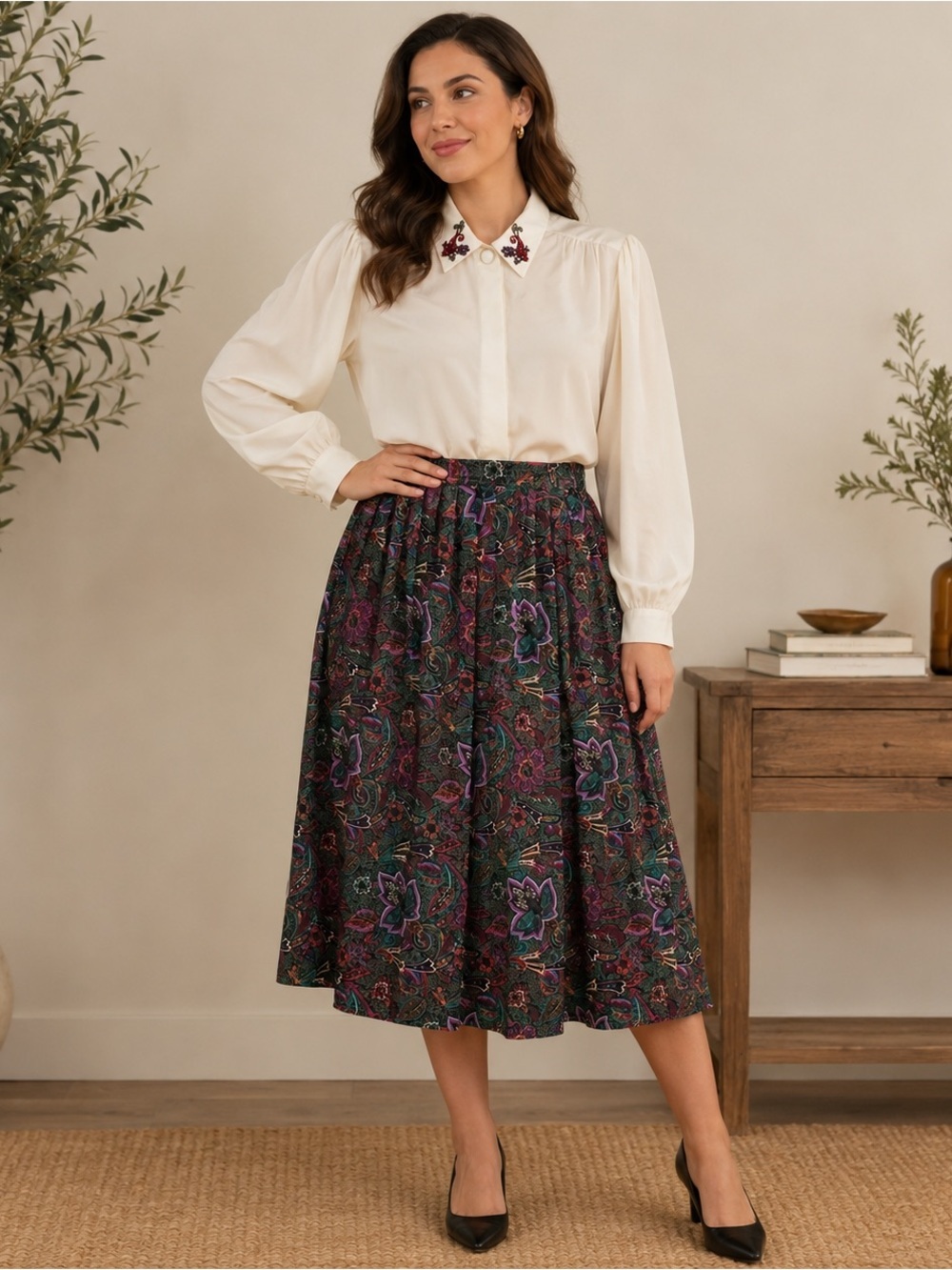 Vintage Koret 2-Piece Blouse & Paisley Midi Skirt Set Women’s Size 10